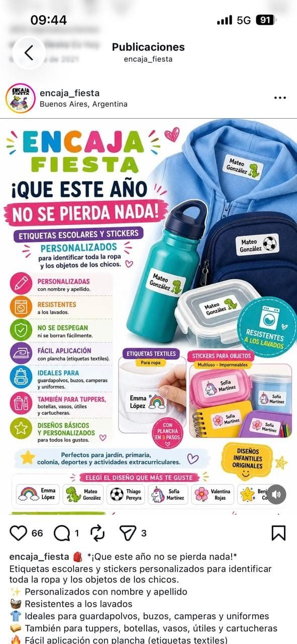 Etiquetas y stickers escolares personalizados Encaja Fiesta